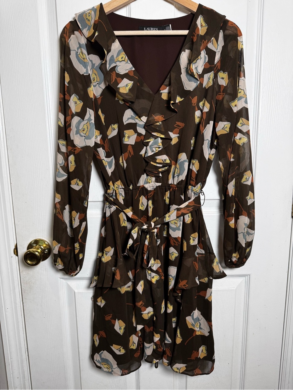 Lauren Ralph Lauren Size 4 Brown Floral Ruffle Fall Autumn Dress Belted